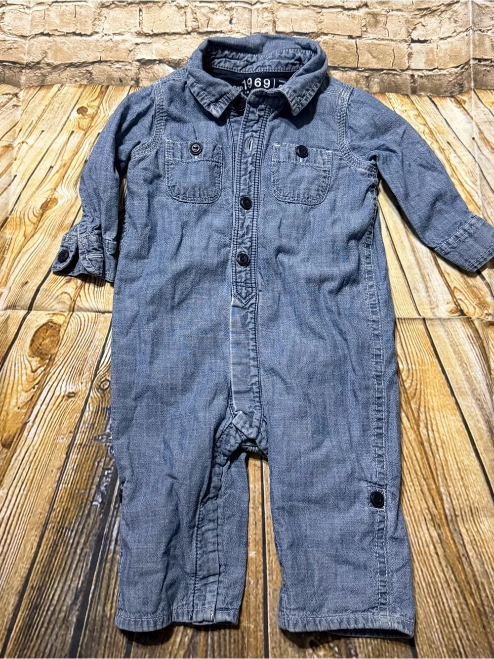 Baby Gap Blue Chambray Lined Cotton Jumpsuit Romper Roll Up Leg